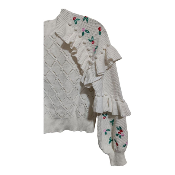 Glamorous Coquette Pointelle Knit Sweater with Embrodierd Flowers and Pom Poms - Picture 9 of 16